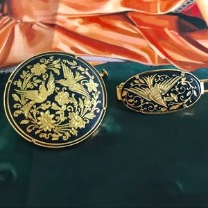 Vintage damascene birds brooch pin and hair clip